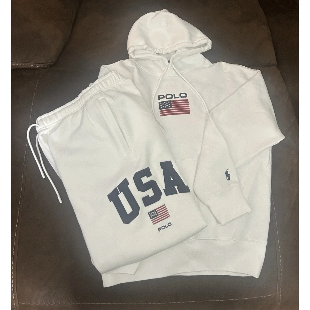 Polo Ralph Lauren Flag Fleece Hoodie & Pants White  USA Embroidered Men's 2PC